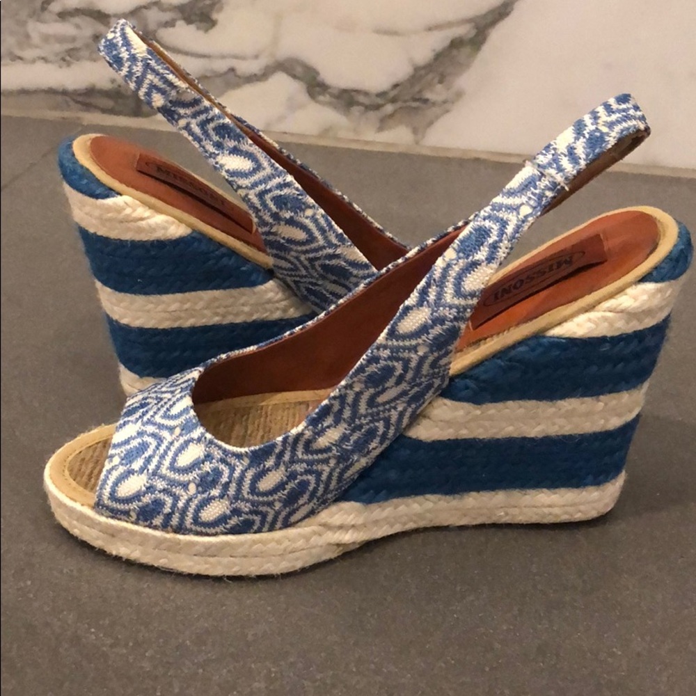 Missoni Blue and White sling back platform wedge
